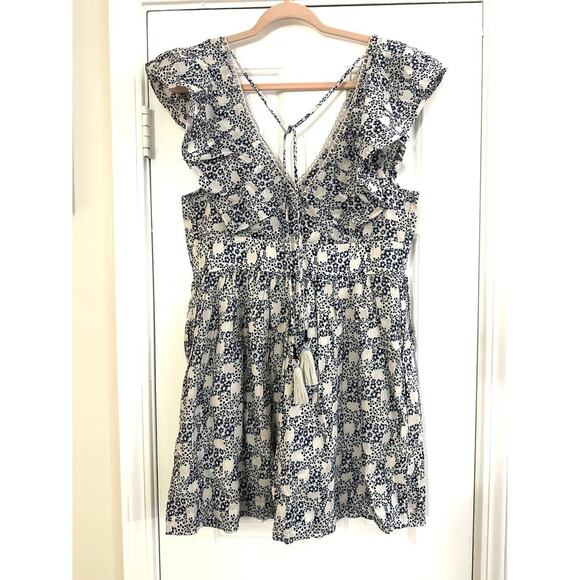 ANTHROPOLOGIE V-Neck V-Back Plunge Blue Dot Floral Tunic Mini Dress Size Small - Picture 6 of 6